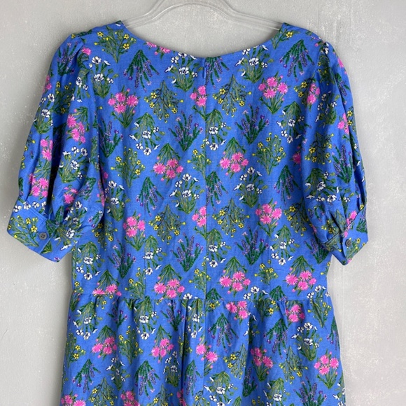 LOFT size 10 U neck puff sleeve short dress fit & flare blue floral linen blend - Picture 8 of 13